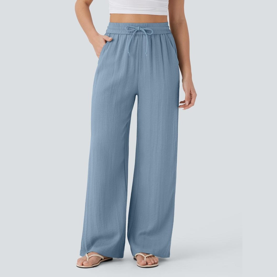 Casual Wide Baggy Linen Feel Pants With Drawstring For Women