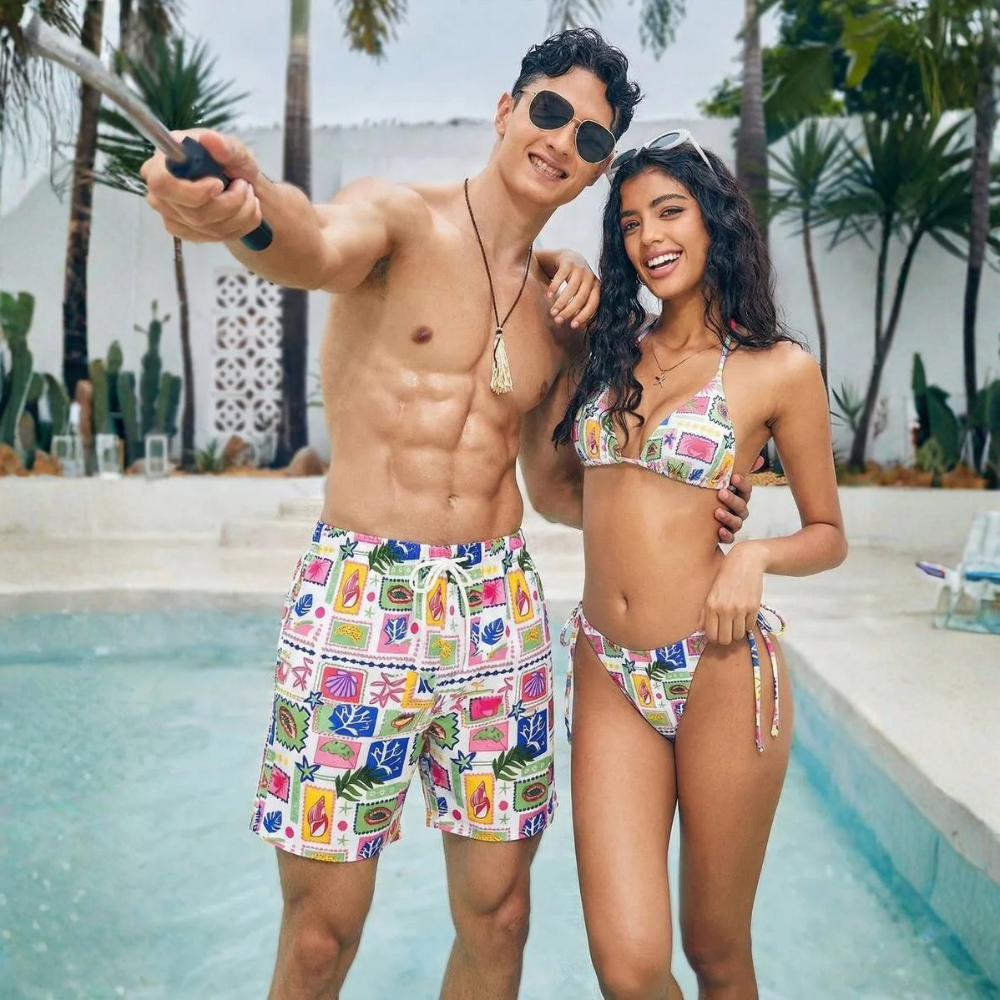 Beach Matching Swimwear Set With Tropical Print For Couples