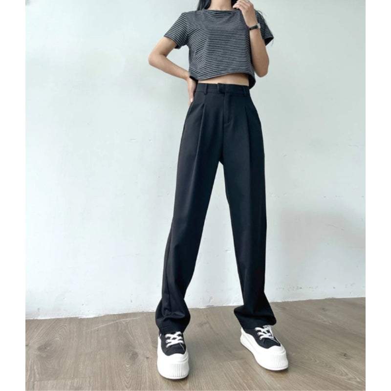 Women's Casual Loose Straight High Waist Long Pants With Pockets-Legletic