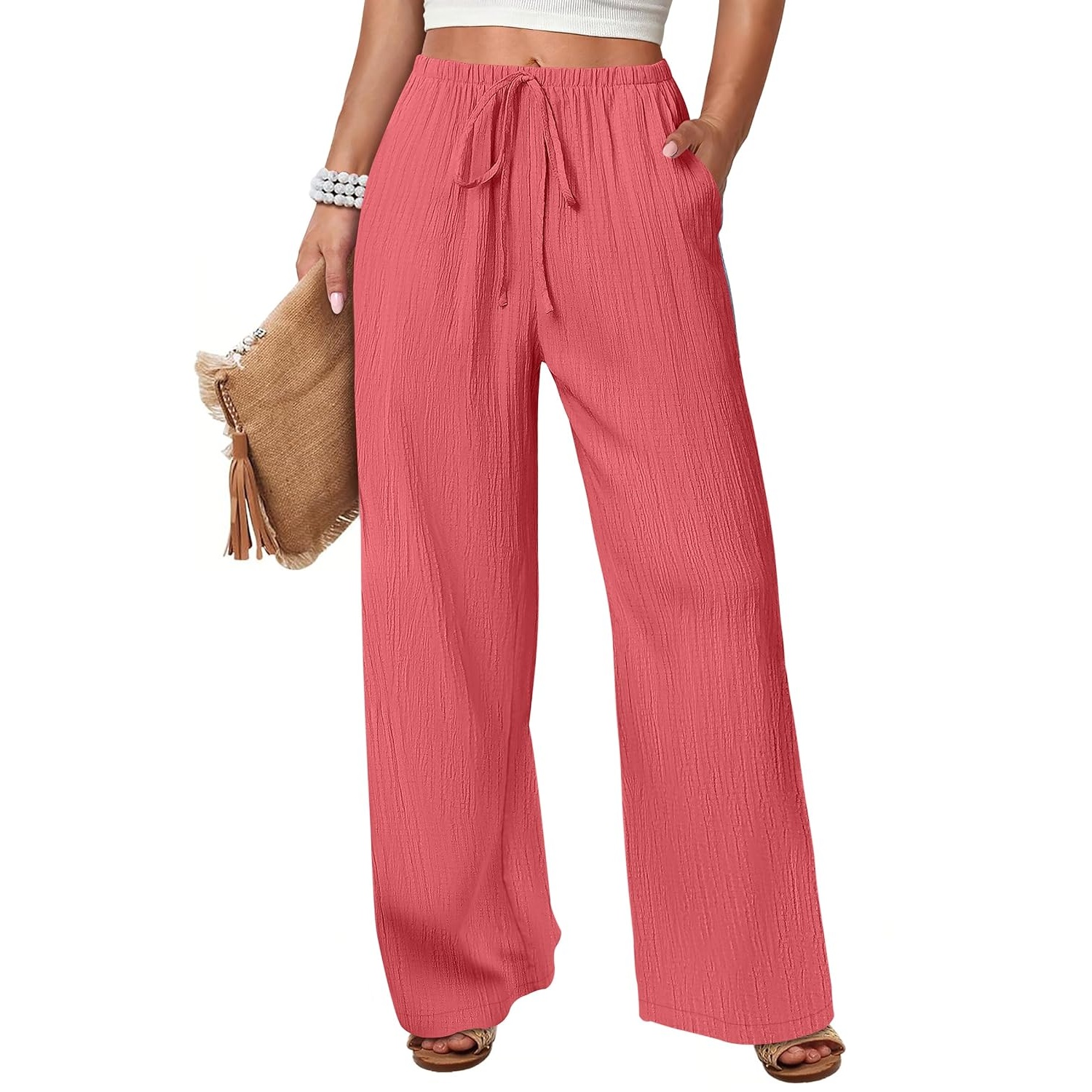Casual Flowy Drawstring Palazzo Pants With Pockets