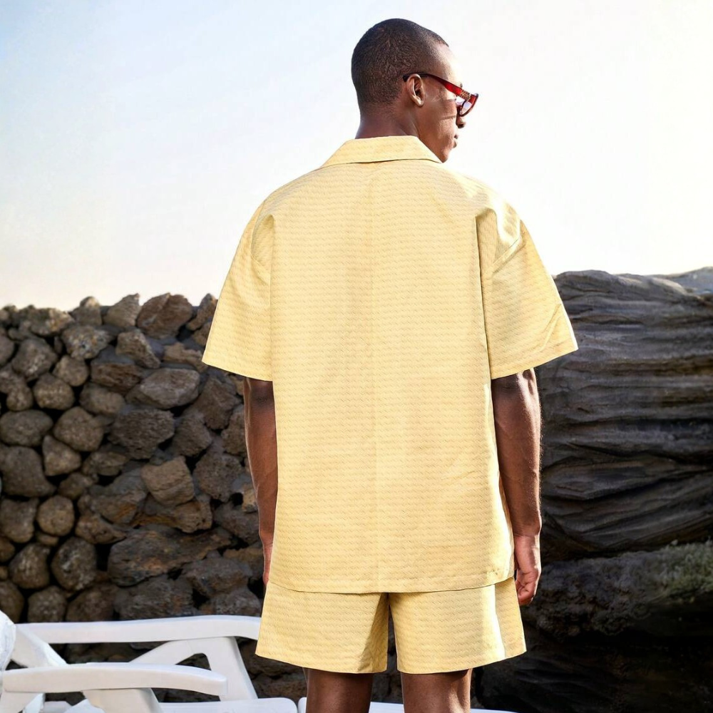 Tropical Plant Print Button-Down Short Sleeve Shirt And Drawstring Waist Pocket Shorts Beach Outfit