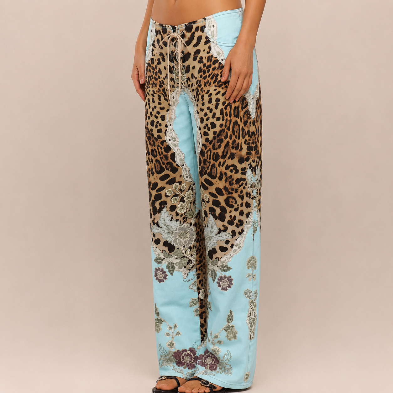 Peacock Print Lace Up Straight Leg Printed Jeans For Women