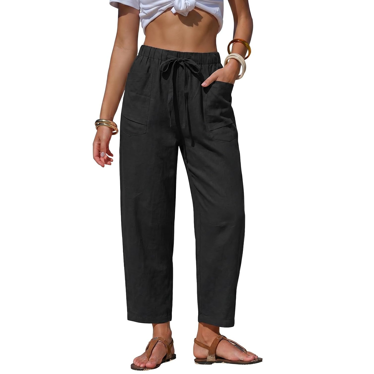 Summer Striped Barrel Pants With Drawstring For Women