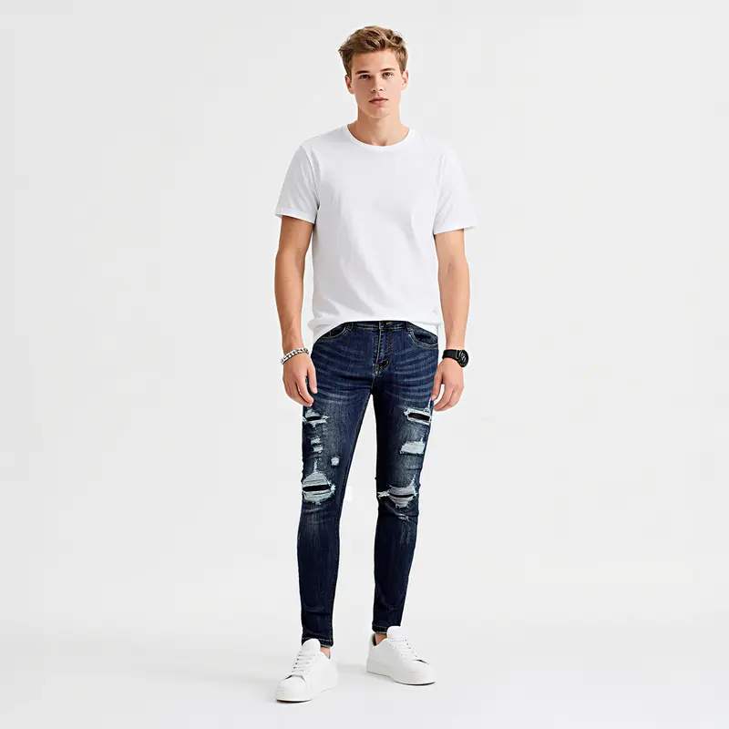Mens Ripped Stretch Jeans Slim Fit Distressed Skinny Denim Pants Fashion Comfort Tapered Leg