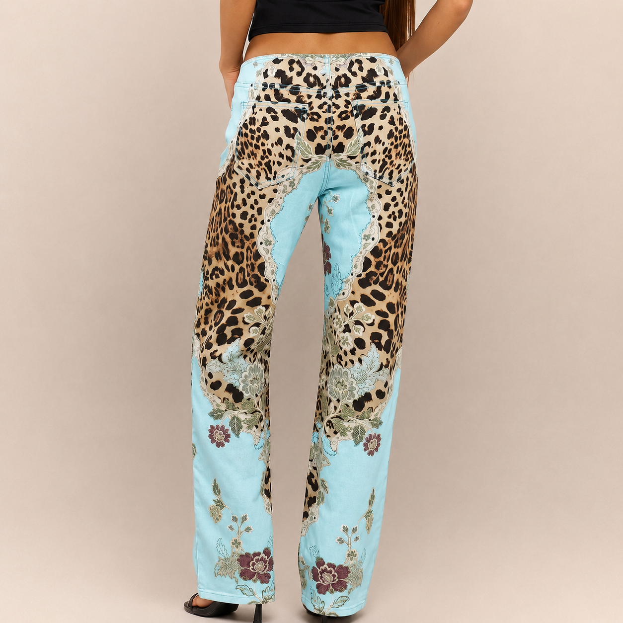 Peacock Print Lace Up Straight Leg Printed Jeans For Women