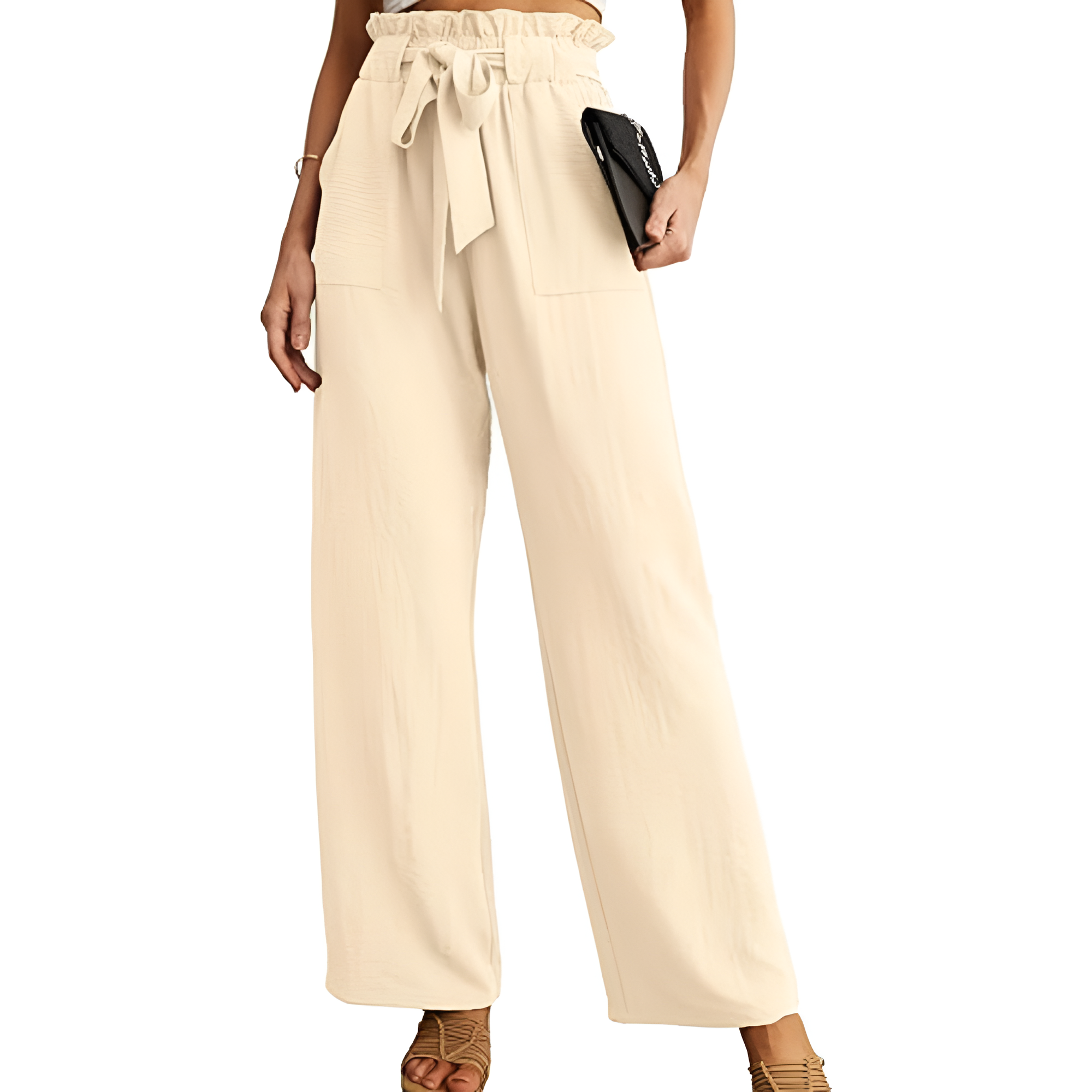 High Rise Adjustable Wide Fit Casual Trousers With Pockets For Women