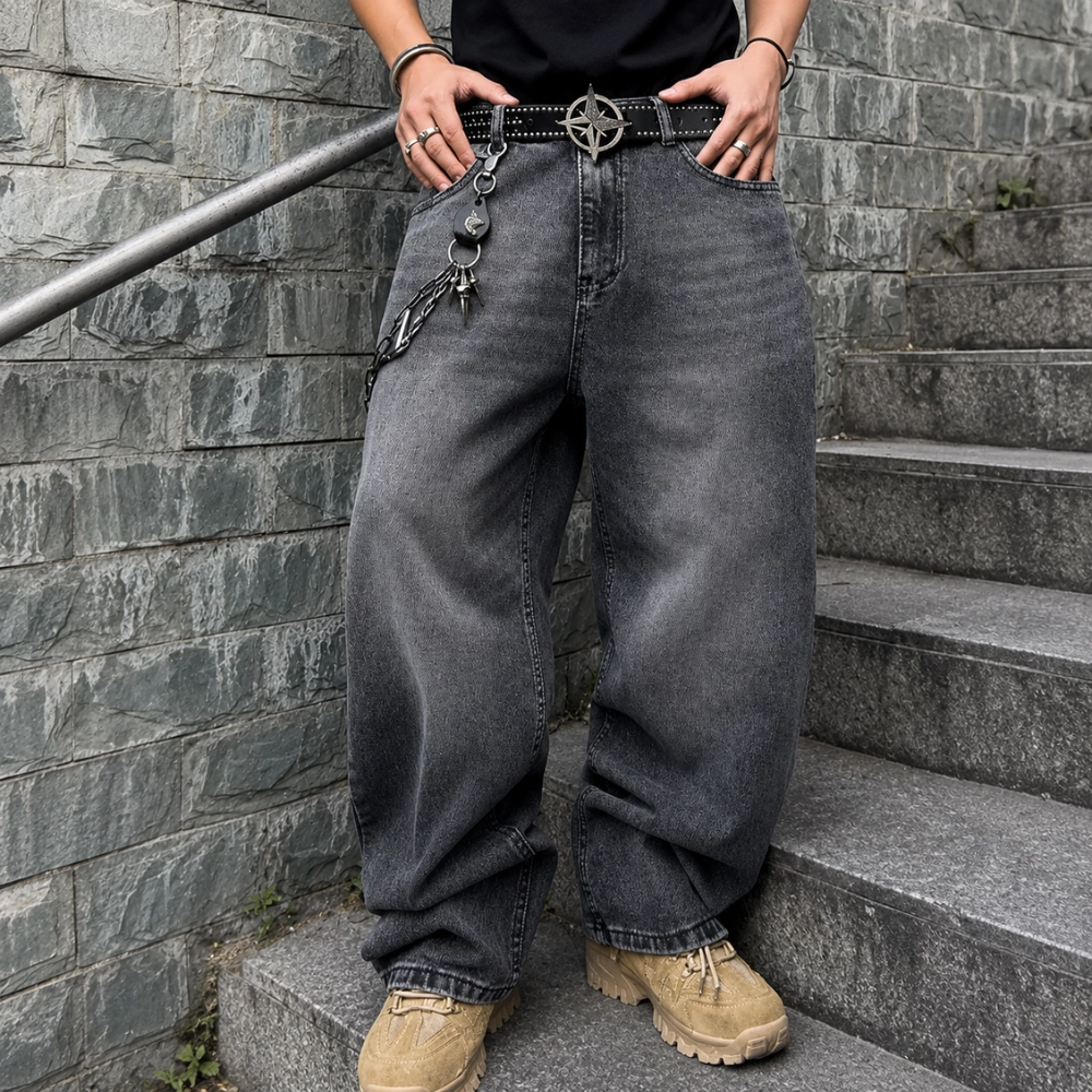 Wide Fit Vintage Design Baggy Pants With Pockets For Men