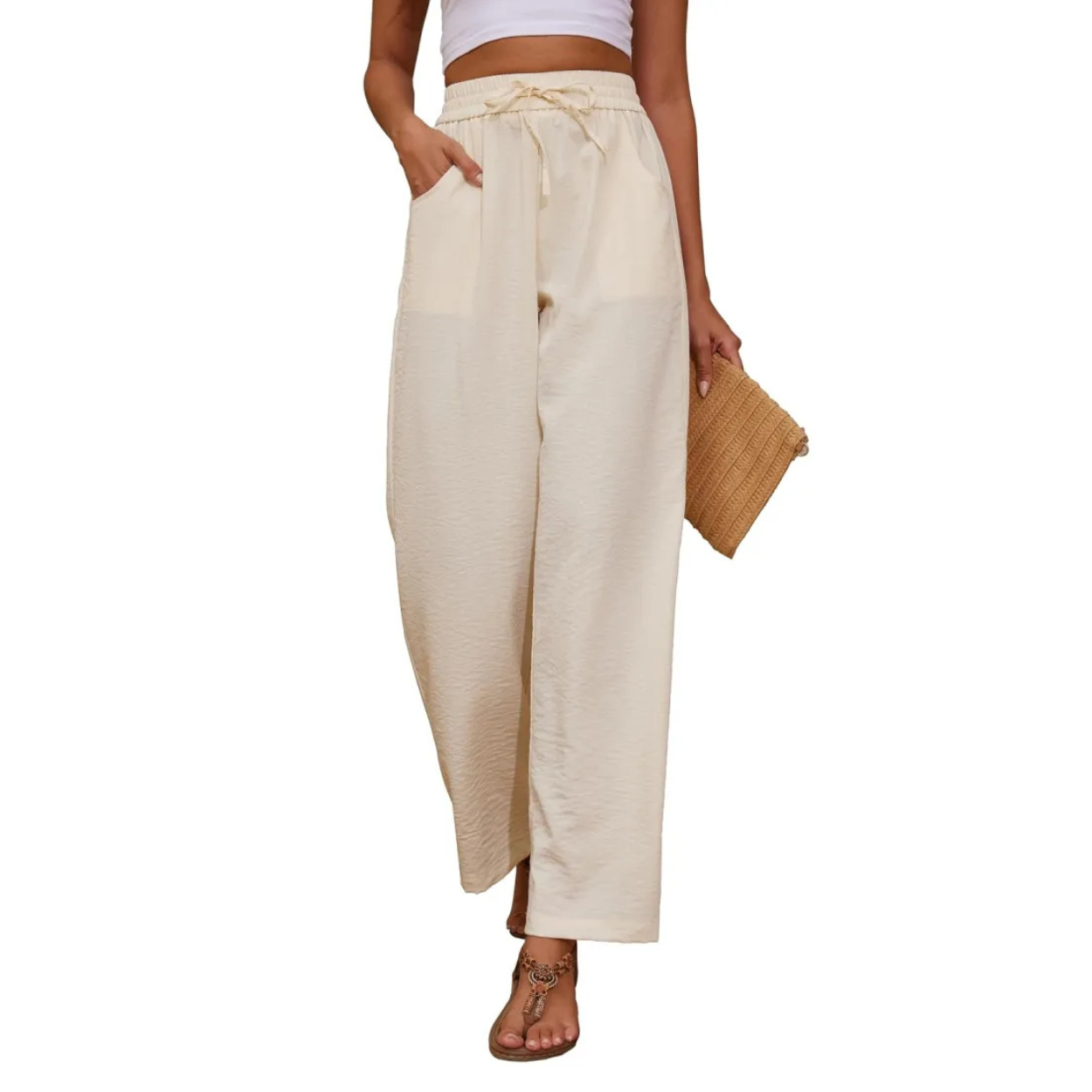 Loose Fit Palazzo Pants With Elastic And Pockets For Women