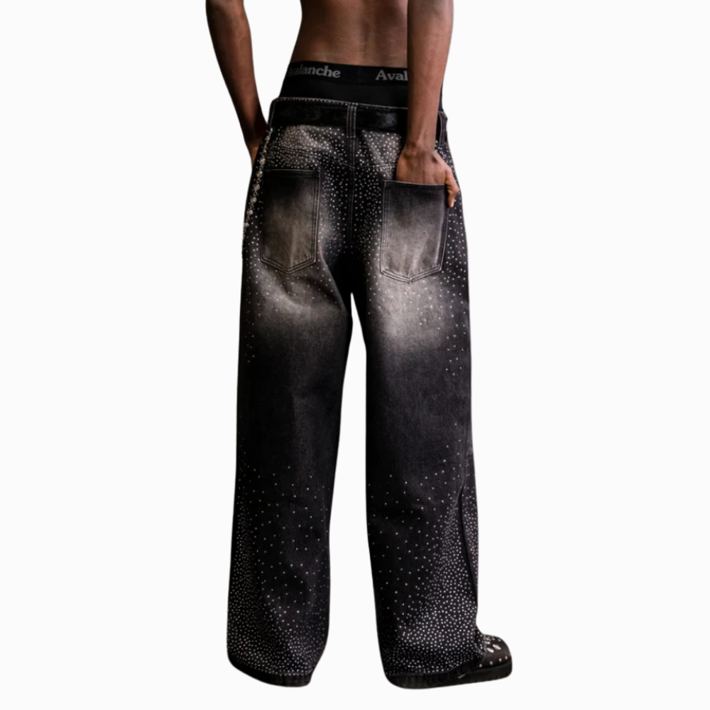 Embellished Wide Denim Pants With Chain Detail-Legletic