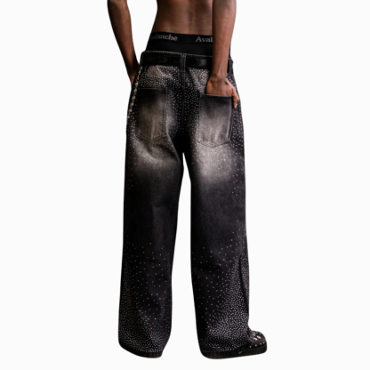 Embellished Wide Denim Pants With Chain Detail-Legletic