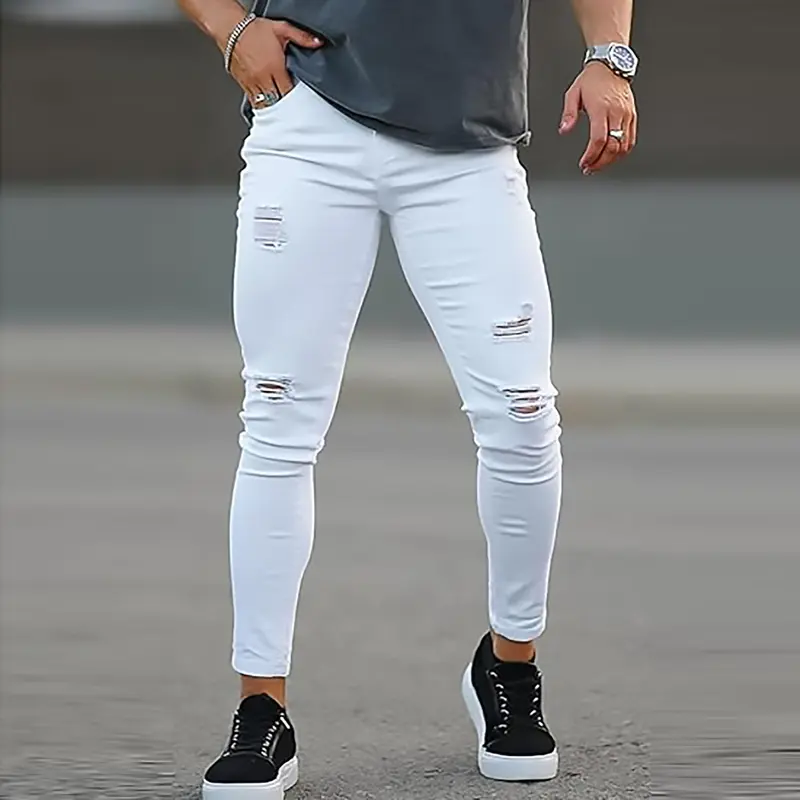Mens Ripped Stretch Jeans Slim Fit Distressed Skinny Denim Pants Fashion Comfort Tapered Leg