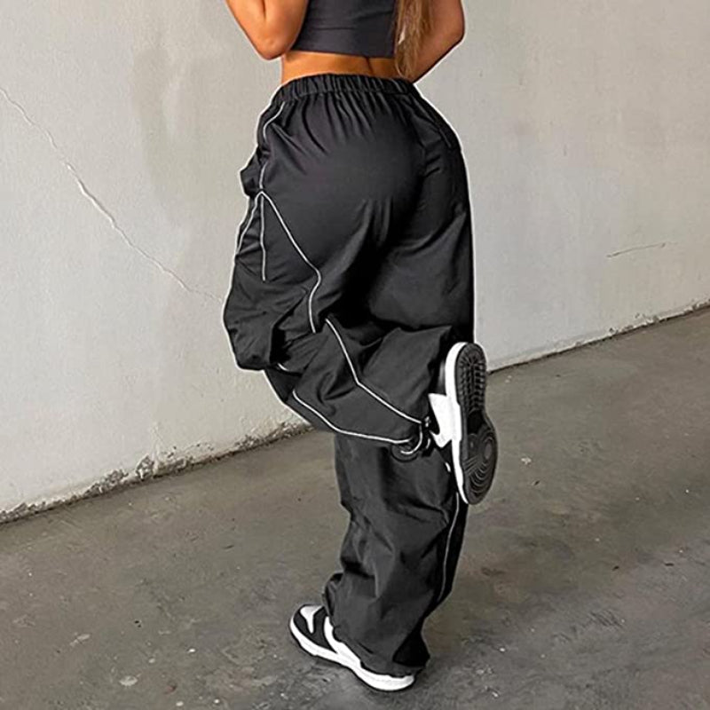 Women Baggy Low Waist Cargo Pants Y2K Parachute Pants For Women Wide Straight Leg Drawstring Trouser With Pocket-Legletic