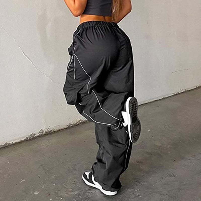 Women Baggy Low Waist Cargo Pants Y2K Parachute Pants For Women Wide Straight Leg Drawstring Trouser With Pocket-Legletic