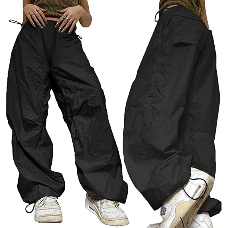 Women Baggy Low Waist Cargo Pants Y2K Parachute Pants For Women Wide Straight Leg Drawstring Trouser With Pocket-Legletic