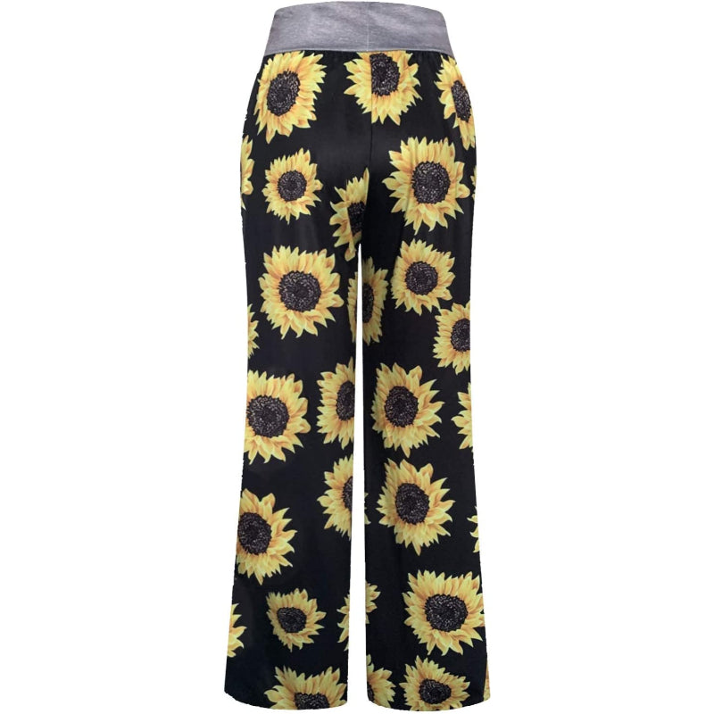 Women's Comfy Stretch Floral Print High Waist Drawstring Palazzo Wide Leg Pants-Legletic