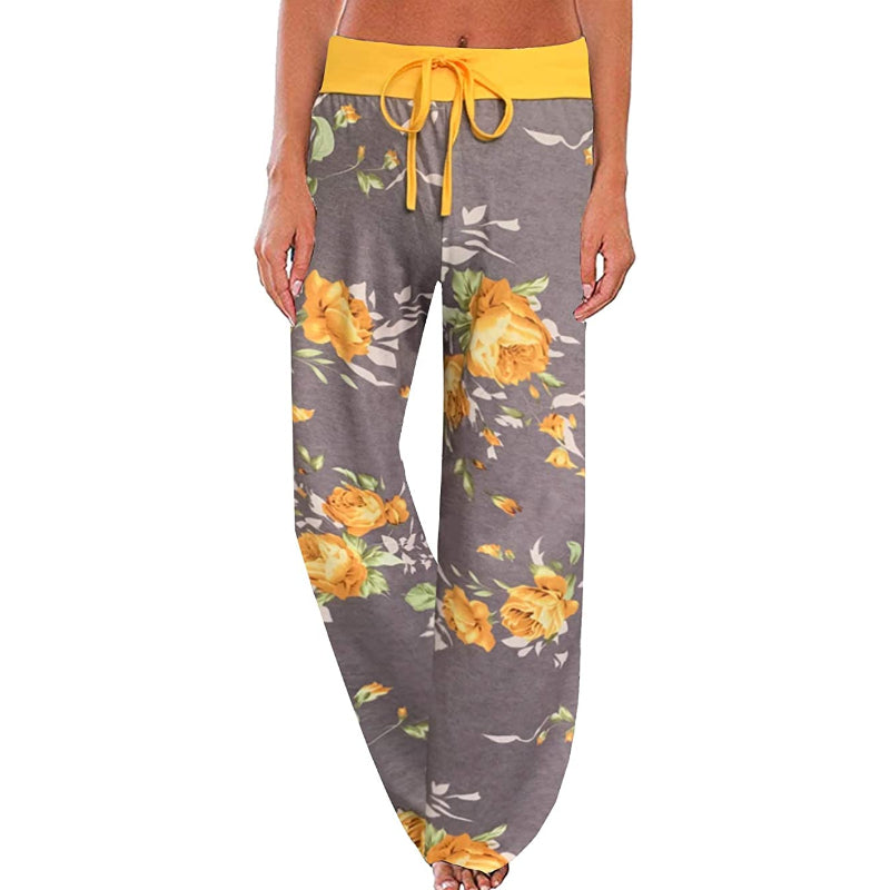 Women's Comfy Floral Print High Waist Drawstring Wide Leg Pants-Legletic