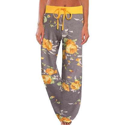 Women's Comfy Floral Print High Waist Drawstring Wide Leg Pants-Legletic