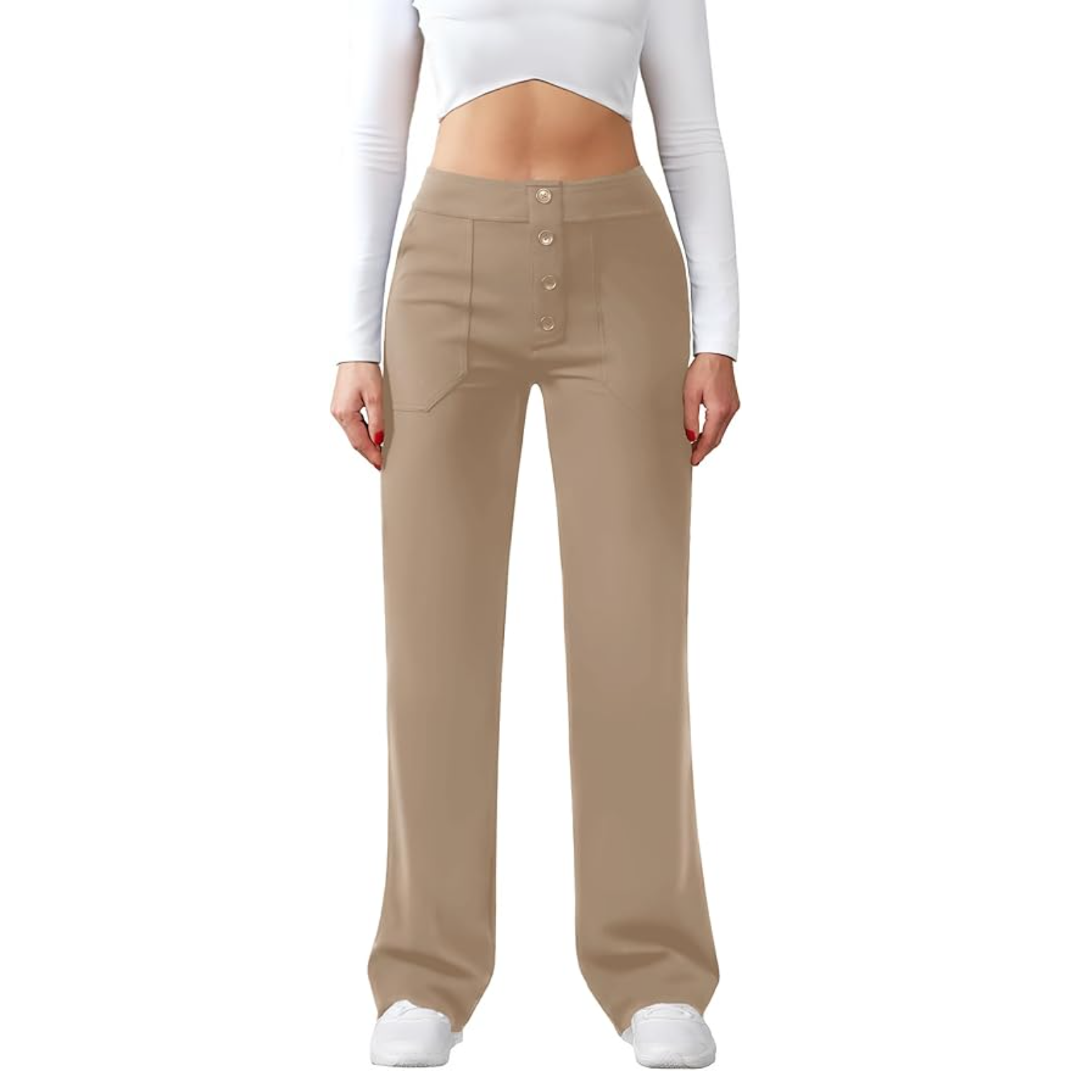 High Rise Straight Pants With Button Detail And Pocket For Women