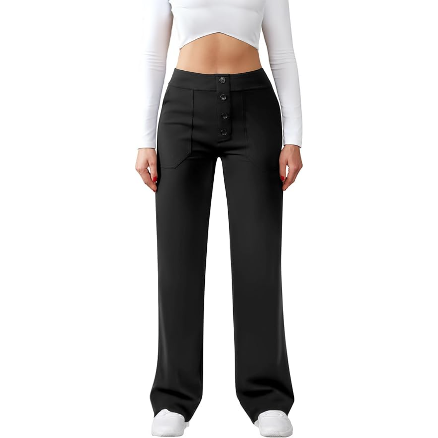 High Rise Straight Pants With Button Detail And Pocket For Women