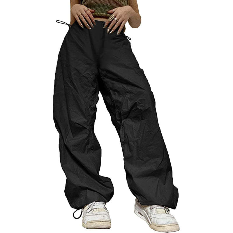 Women Baggy Low Waist Cargo Pants Y2K Parachute Pants For Women Wide Straight Leg Drawstring Trouser With Pocket-Legletic