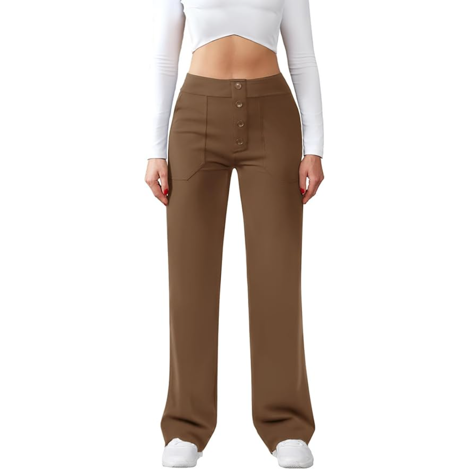 High Rise Straight Pants With Button Detail And Pocket For Women