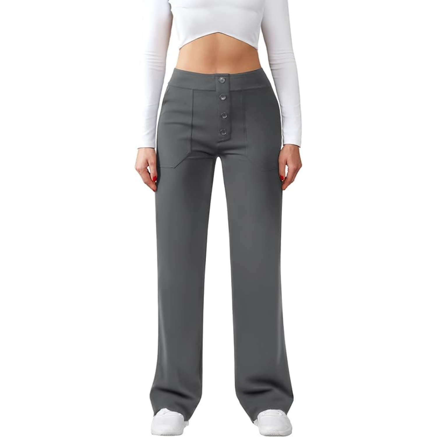 High Rise Straight Pants With Button Detail And Pocket For Women