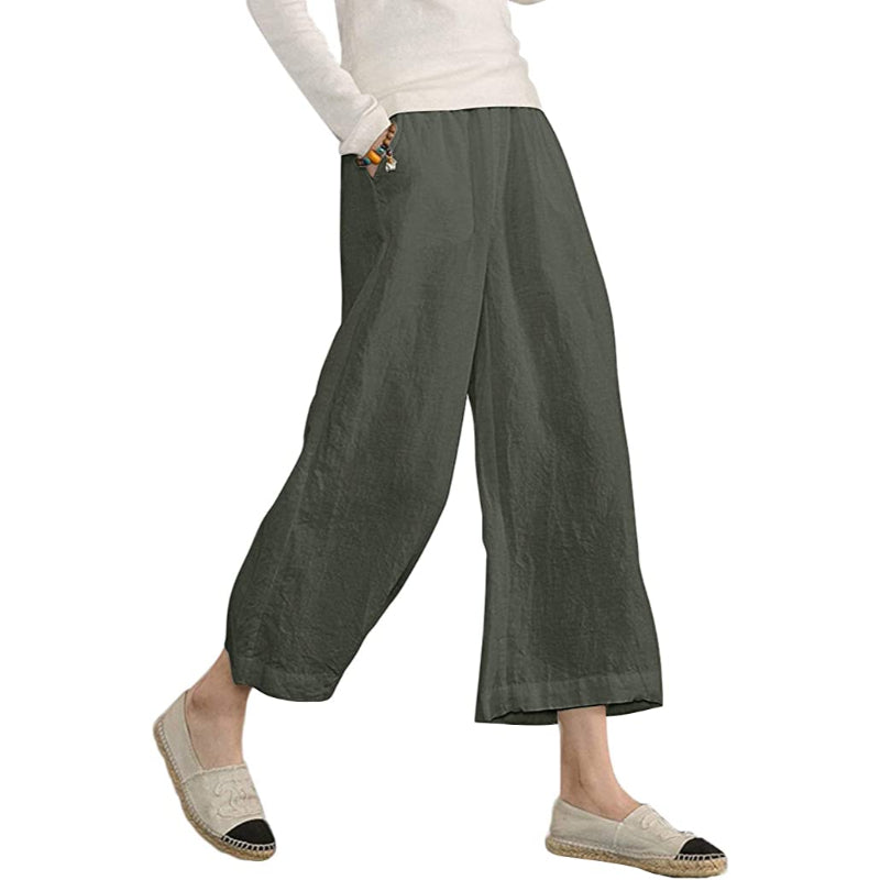 Women Loose Cotton Capris Cropped Wide Leg Pants-Legletic