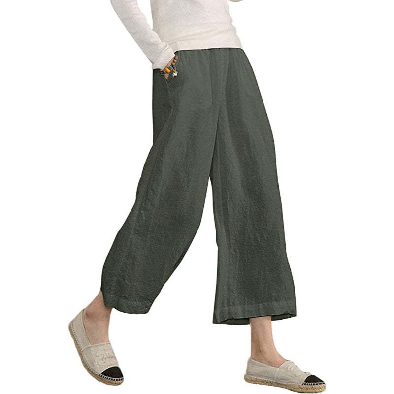 Women Loose Cotton Capris Cropped Wide Leg Pants-Legletic