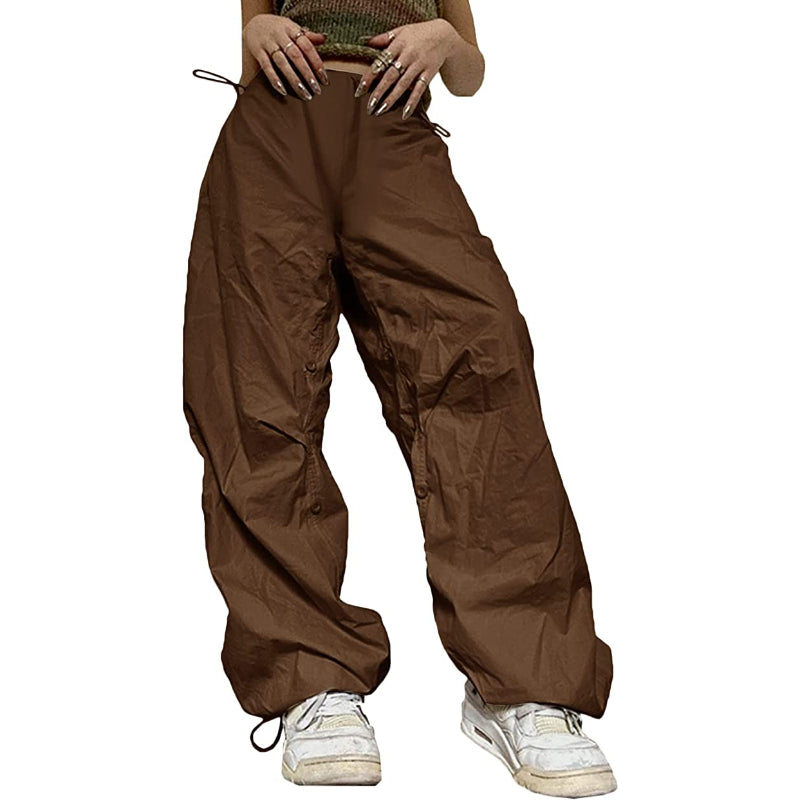 Women Baggy Low Waist Cargo Pants Y2K Parachute Pants For Women Wide Straight Leg Drawstring Trouser With Pocket-Legletic