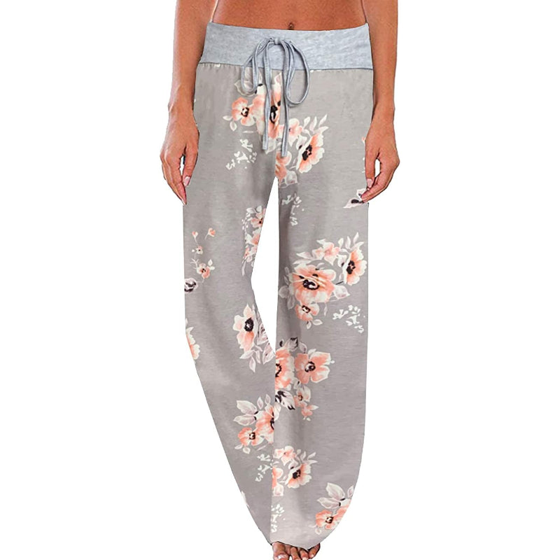 Women's Comfy Floral Print High Waist Drawstring Wide Leg Pants-Legletic