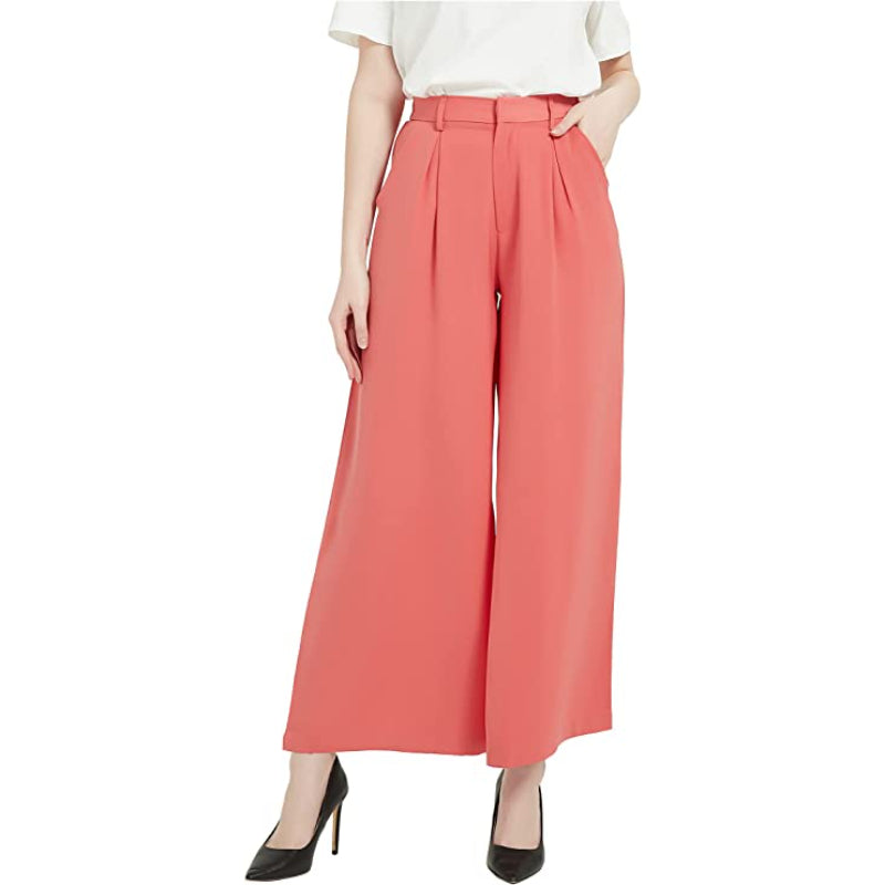 Women High Waist Casual Wide Leg Long Palazzo Regular Trousers-Legletic