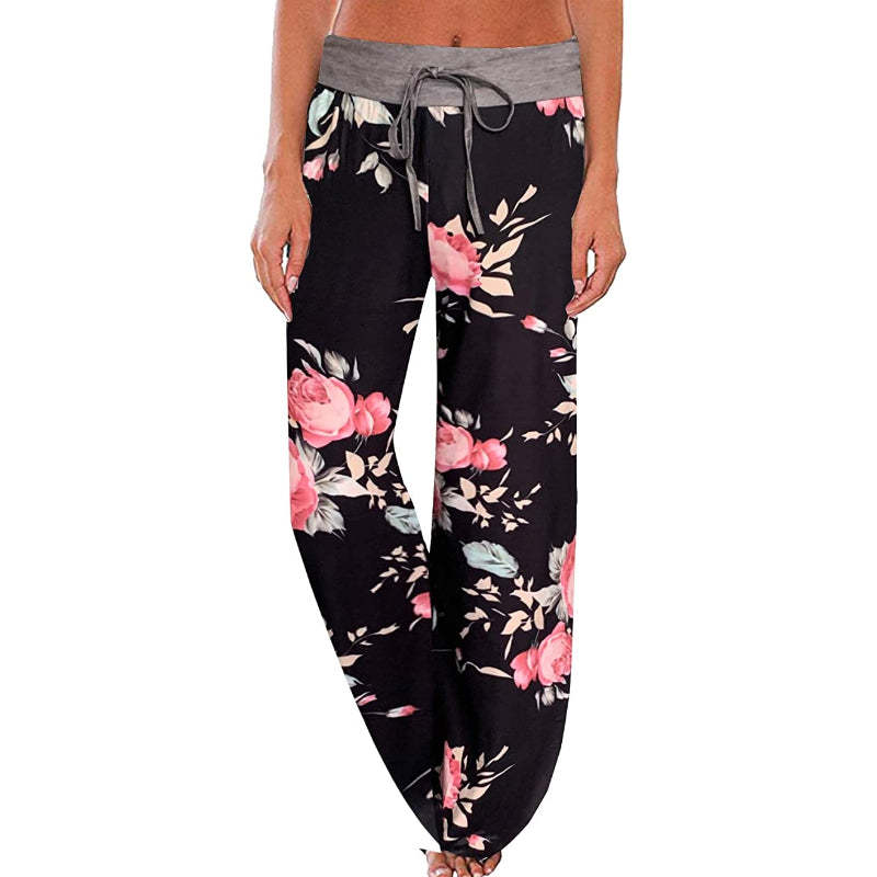Women's Comfy Floral Print High Waist Drawstring Wide Leg Pants-Legletic