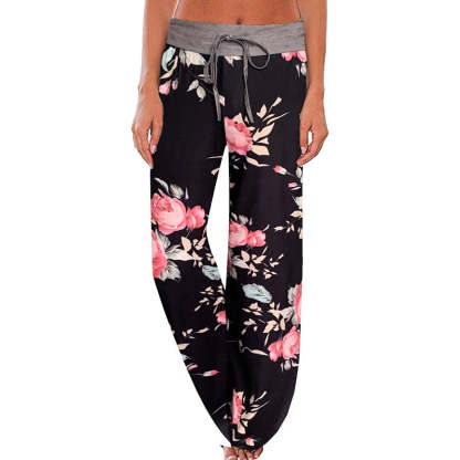 Women's Comfy Floral Print High Waist Drawstring Wide Leg Pants-Legletic