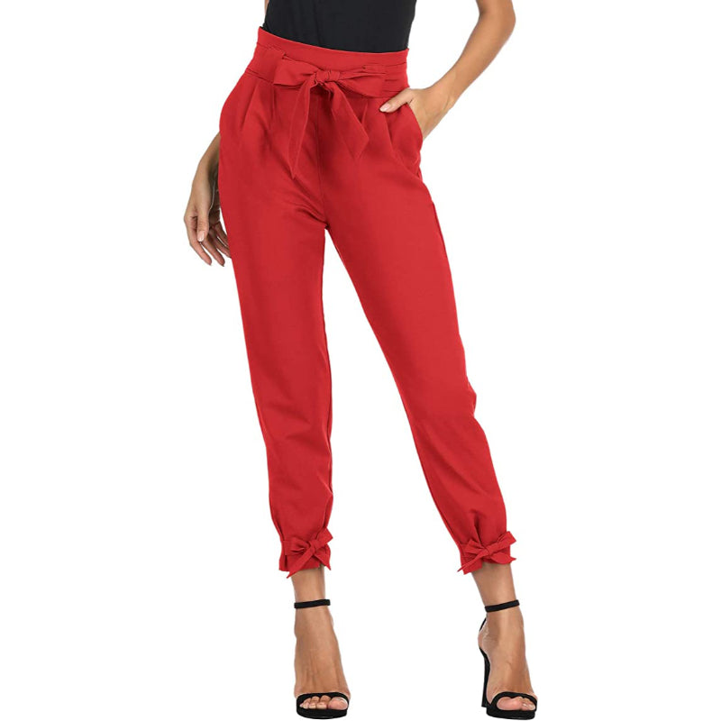 Women High Waist Regular Fit Pencil Pants With Bow-Knot Pockets-Legletic