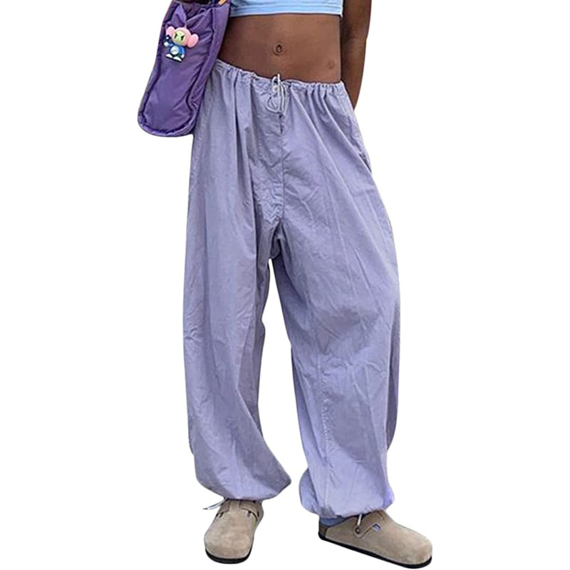 Women Baggy Low Waist Cargo Pants Y2K Parachute Pants For Women Wide Straight Leg Drawstring Trouser With Pocket-Legletic