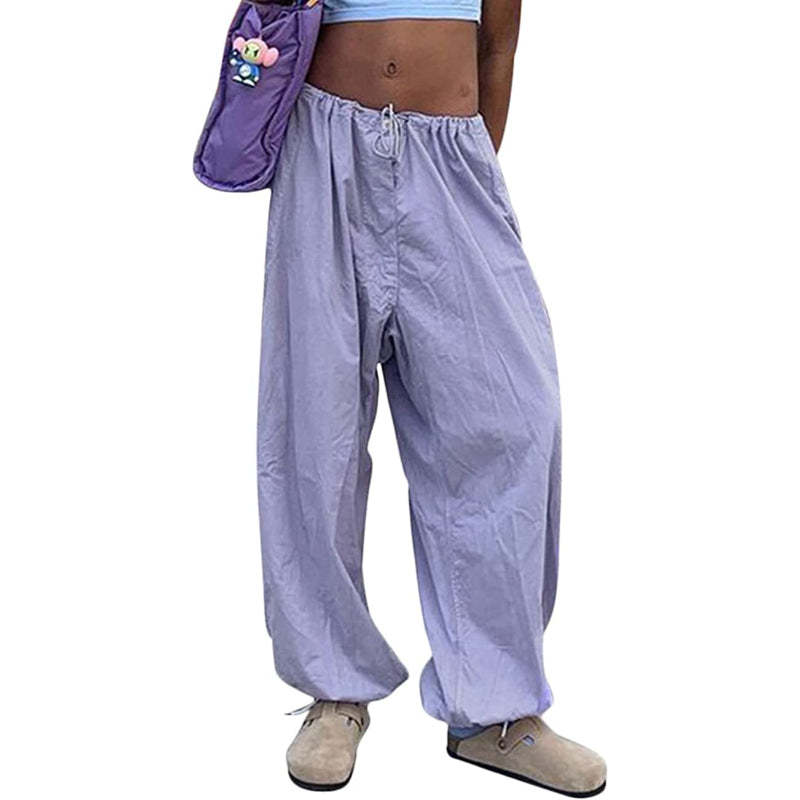 Women Baggy Low Waist Cargo Pants Y2K Parachute Pants For Women Wide Straight Leg Drawstring Trouser With Pocket-Legletic
