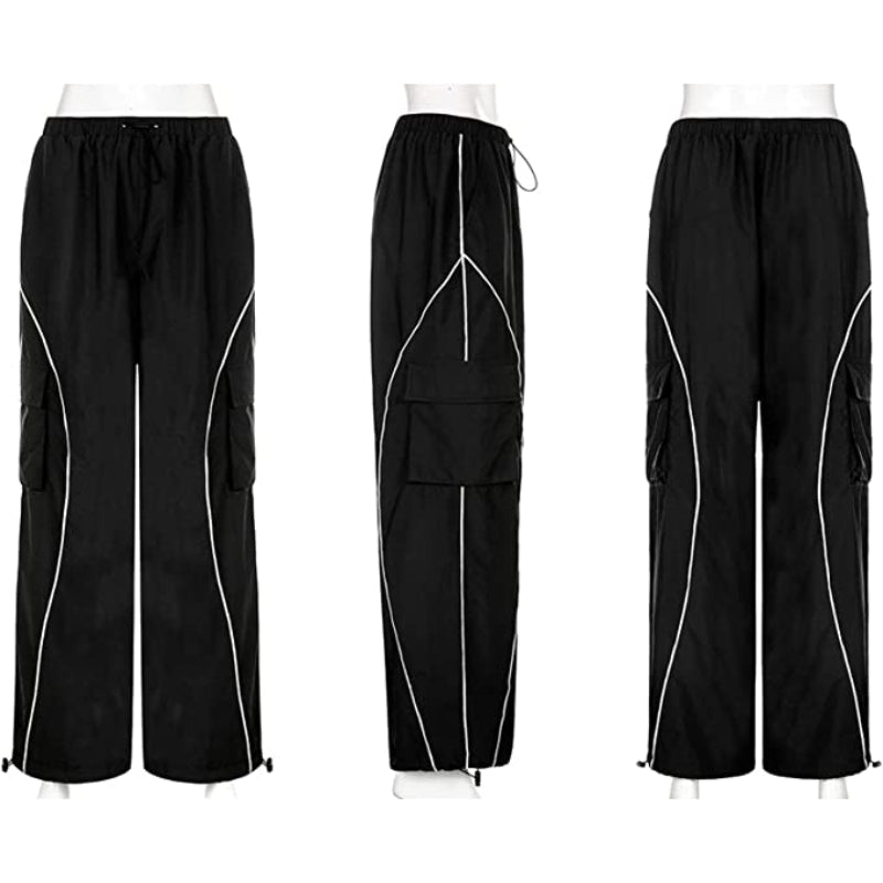 Women Baggy Low Waist Cargo Pants Y2K Parachute Pants For Women Wide Straight Leg Drawstring Trouser With Pocket-Legletic