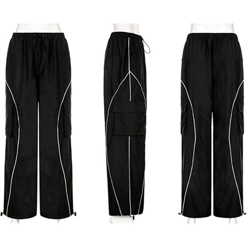 Women Baggy Low Waist Cargo Pants Y2K Parachute Pants For Women Wide Straight Leg Drawstring Trouser With Pocket-Legletic