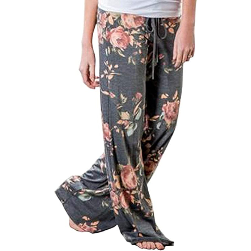 Women's Comfy Floral Print High Waist Drawstring Wide Leg Pants-Legletic