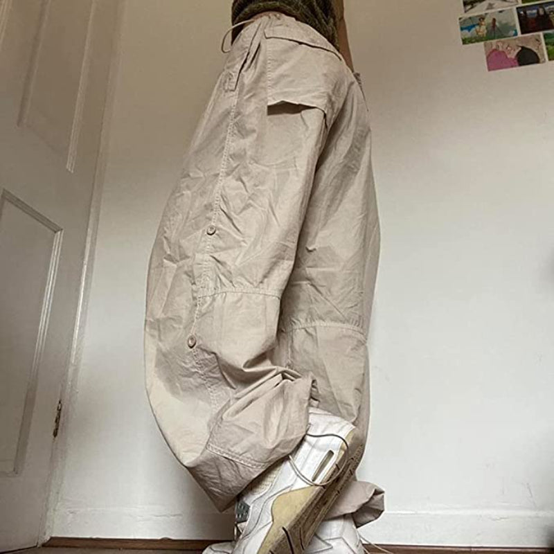 Women Baggy Low Waist Cargo Pants Y2K Parachute Pants For Women Wide Straight Leg Drawstring Trouser With Pocket-Legletic