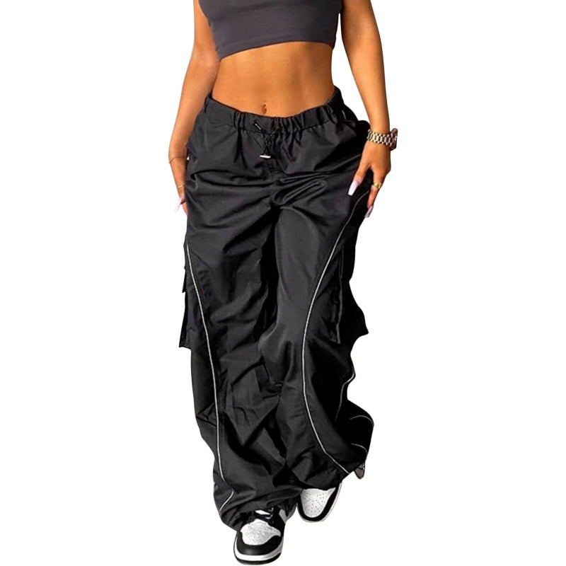Women Baggy Low Waist Cargo Pants Y2K Parachute Pants For Women Wide Straight Leg Drawstring Trouser With Pocket-Legletic