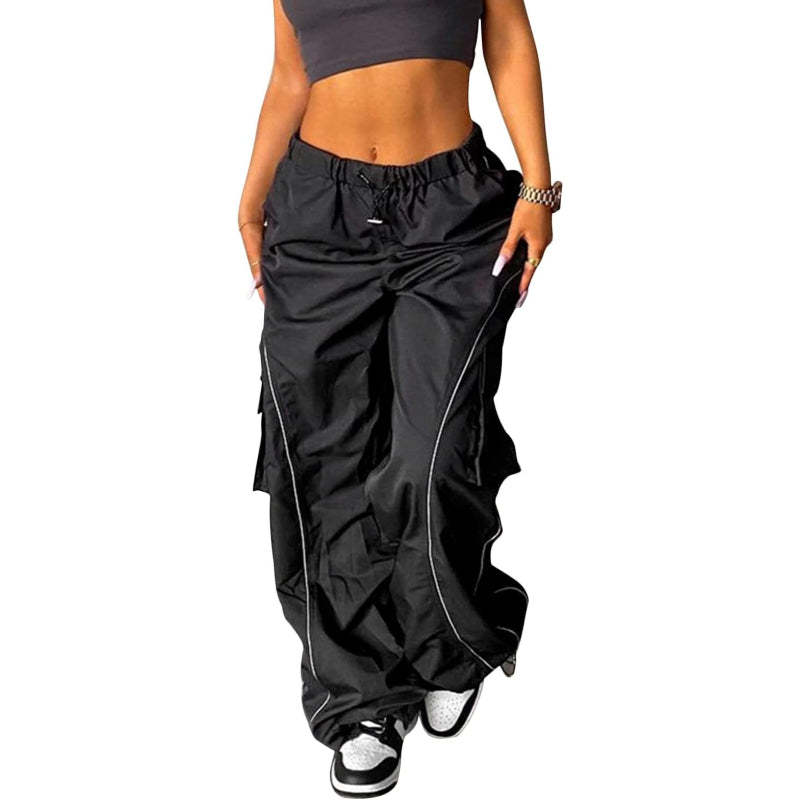 Women Baggy Low Waist Cargo Pants Y2K Parachute Pants For Women Wide Straight Leg Drawstring Trouser With Pocket-Legletic