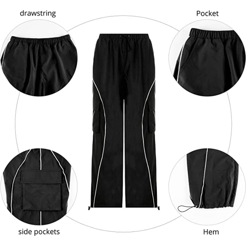 Women Baggy Low Waist Cargo Pants Y2K Parachute Pants For Women Wide Straight Leg Drawstring Trouser With Pocket-Legletic