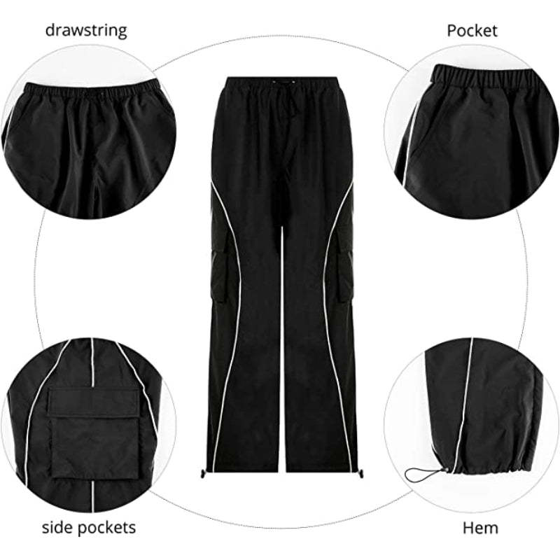 Women Baggy Low Waist Cargo Pants Y2K Parachute Pants For Women Wide Straight Leg Drawstring Trouser With Pocket-Legletic