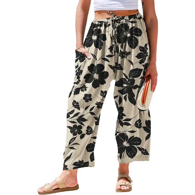 Linen blend Wide Leg Pants Casual Camo Stripe comfy work bottoms Oversize Loose Fit boho Palazzo Harem trousers with Pockets