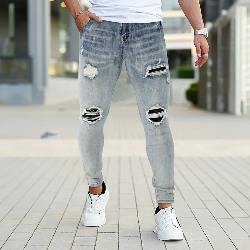 Mens Ripped Stretch Jeans Slim Fit Distressed Skinny Denim Pants Fashion Comfort Tapered Leg