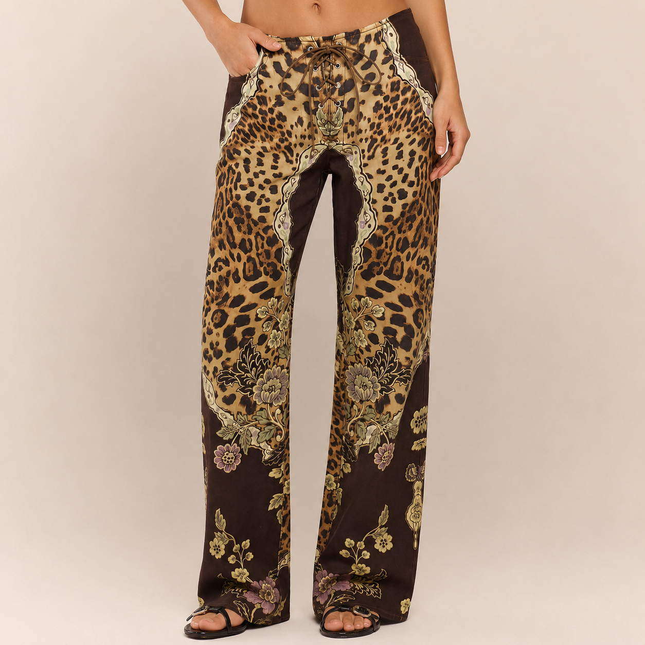 Peacock Print Lace Up Straight Leg Printed Jeans For Women