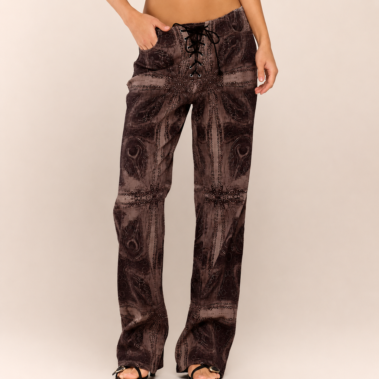Peacock Print Lace Up Straight Leg Printed Jeans For Women
