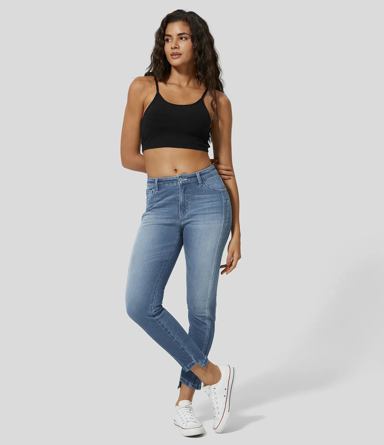 Mid Rise Button Zipper Multiple Pockets Stretchy Knit Casual Skinny Jeans-Legletic