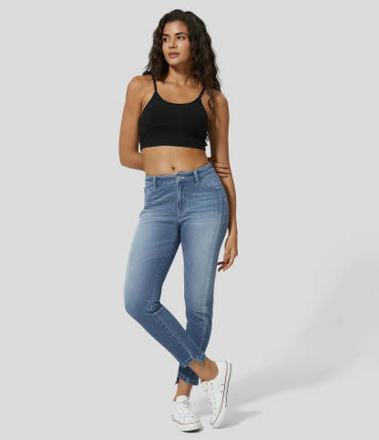 Mid Rise Button Zipper Multiple Pockets Stretchy Knit Casual Skinny Jeans-Legletic